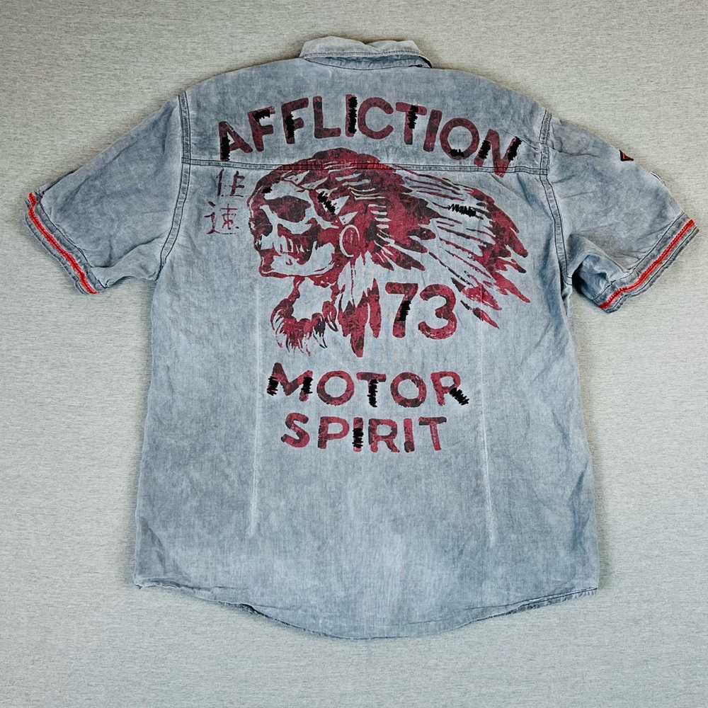 Affliction Men's Shirt with Red Graphics on Gray